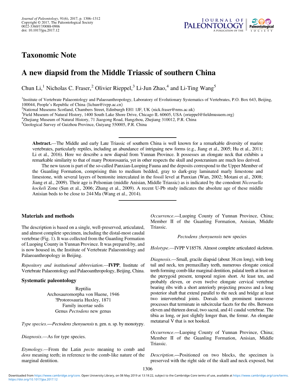 Taxonomic Note a New Diapsid from the Middle Triassic of Southern China