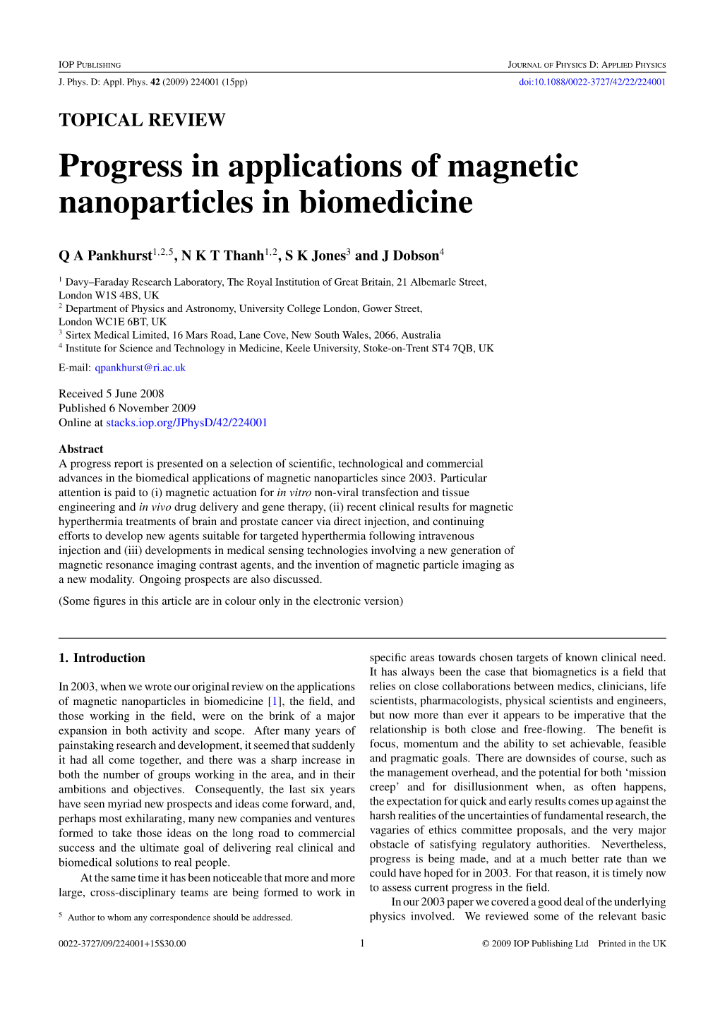 TOPICAL REVIEW Progress in Applications of Magnetic Nanoparticles in Biomedicine