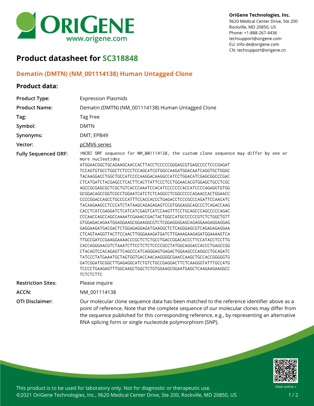 Dematin (DMTN) (NM 001114138) Human Untagged Clone – SC318848 | Origene