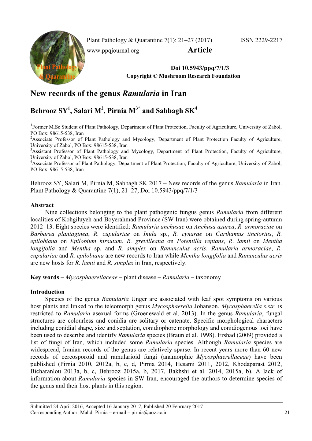 New Records of the Genus Ramularia in Iran Article