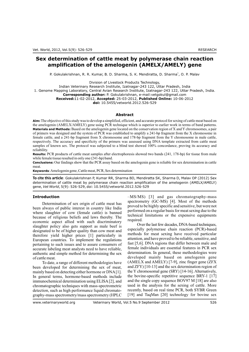 Sex Determination of Cattle Meat by Polymerase Chain Reaction Amplification of the Amelogenin (AMELX/AMELY) Gene
