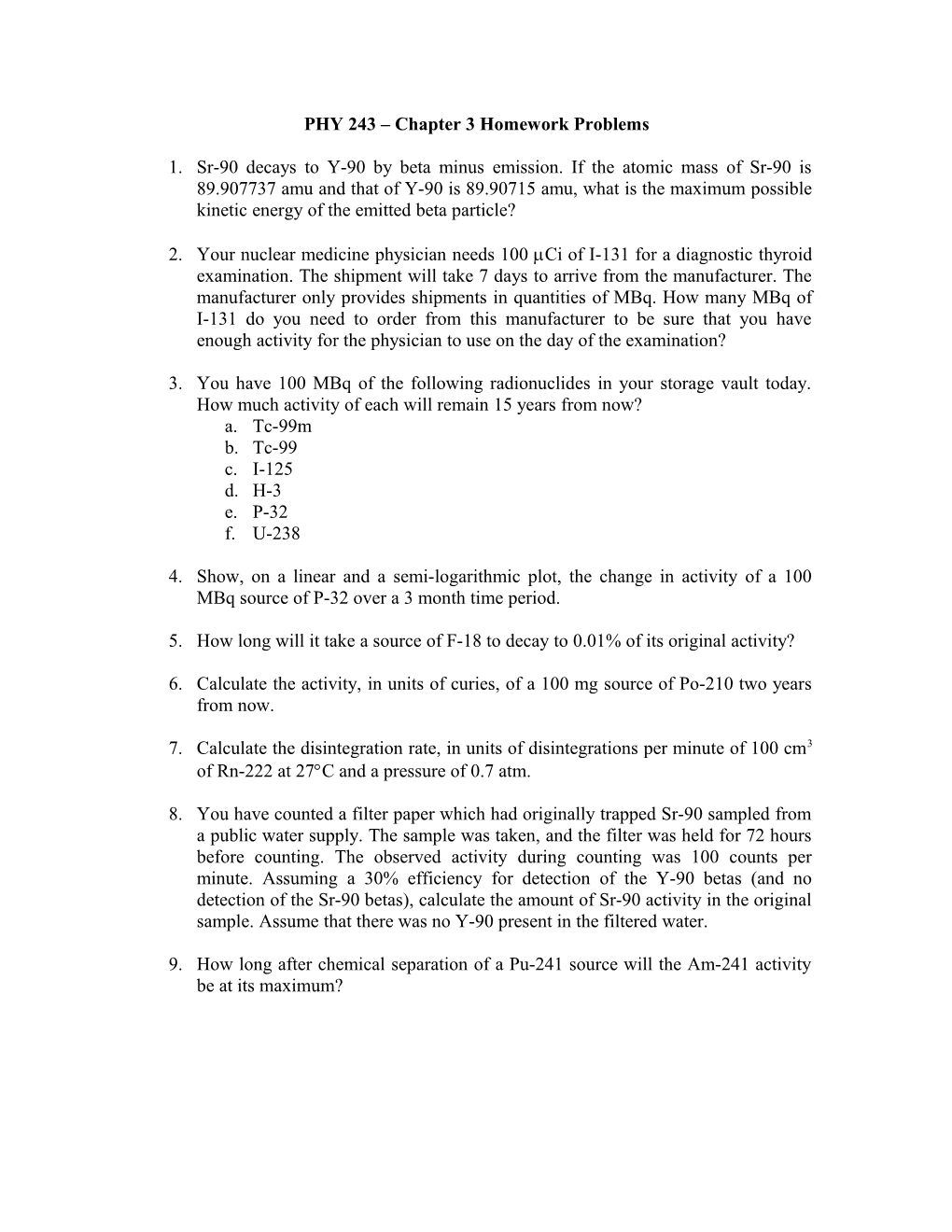 PHY 243 Chapter 3 Homework Problems