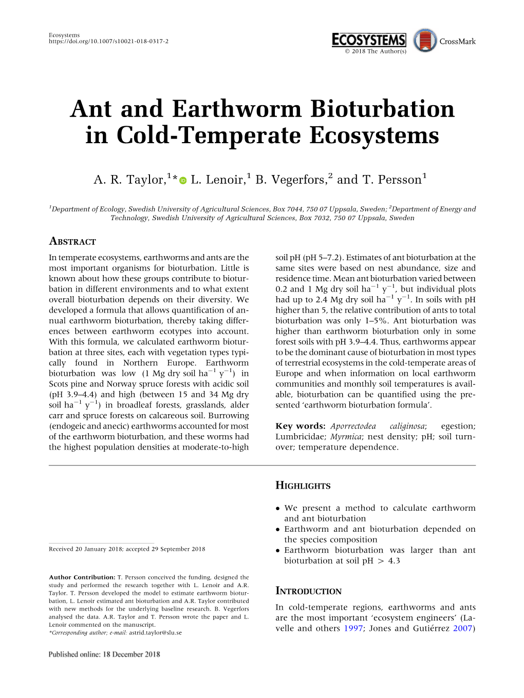 Ant and Earthworm Bioturbation in Cold-Temperate Ecosystems