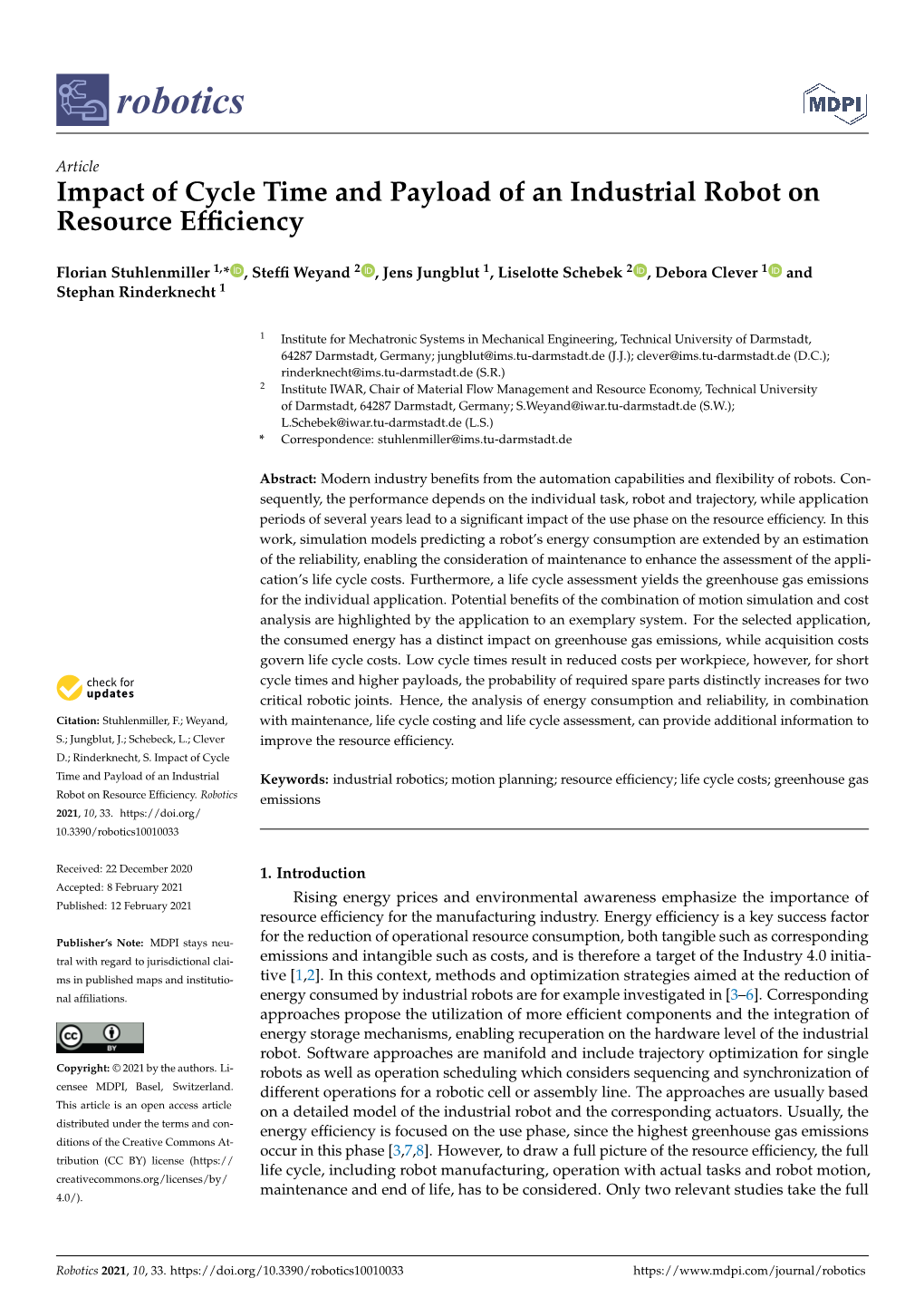 Impact of Cycle Time and Payload of an Industrial Robot on Resource Efﬁciency