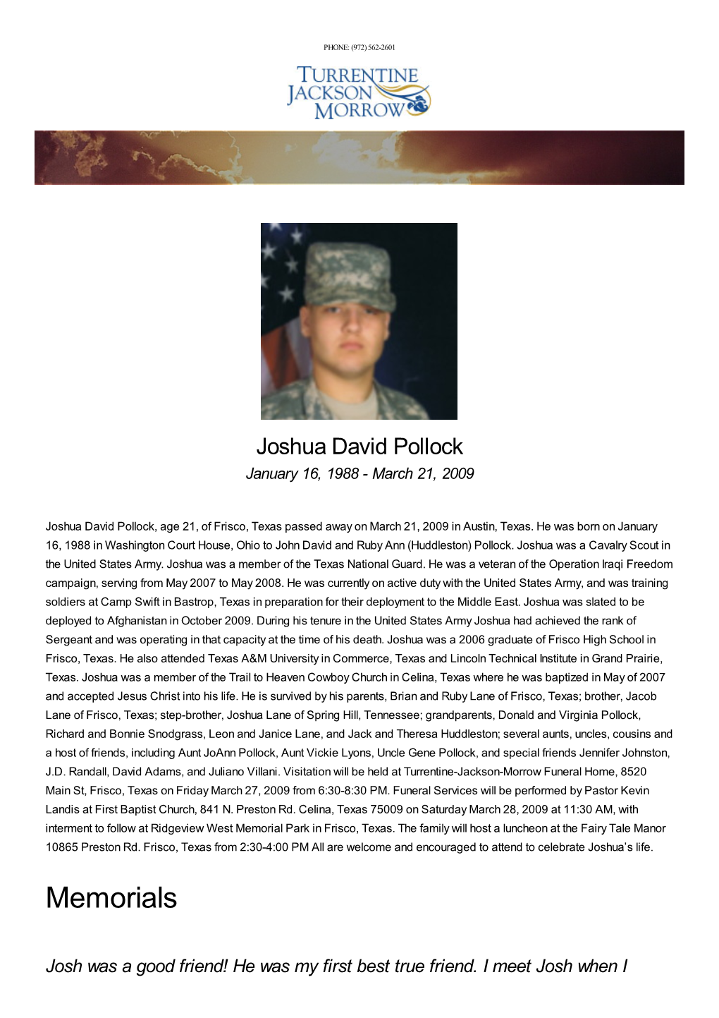 Joshua David Pollock January 16, 1988 - March 21, 2009