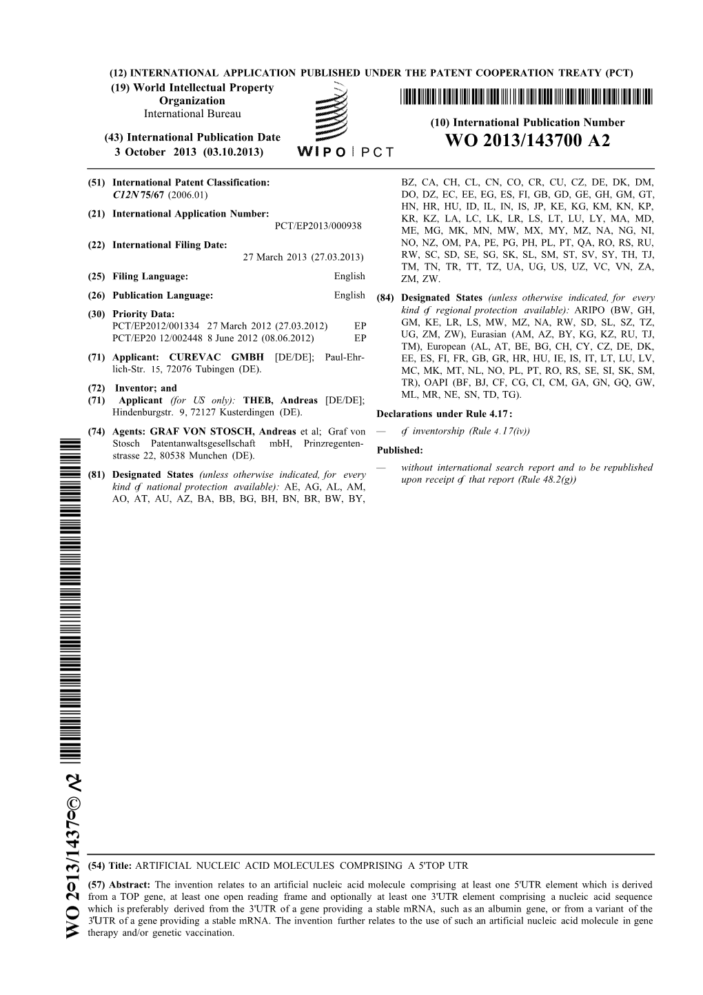 WO 2013/143700 A2 3 October 2013 (03.10.2013) P O P C T