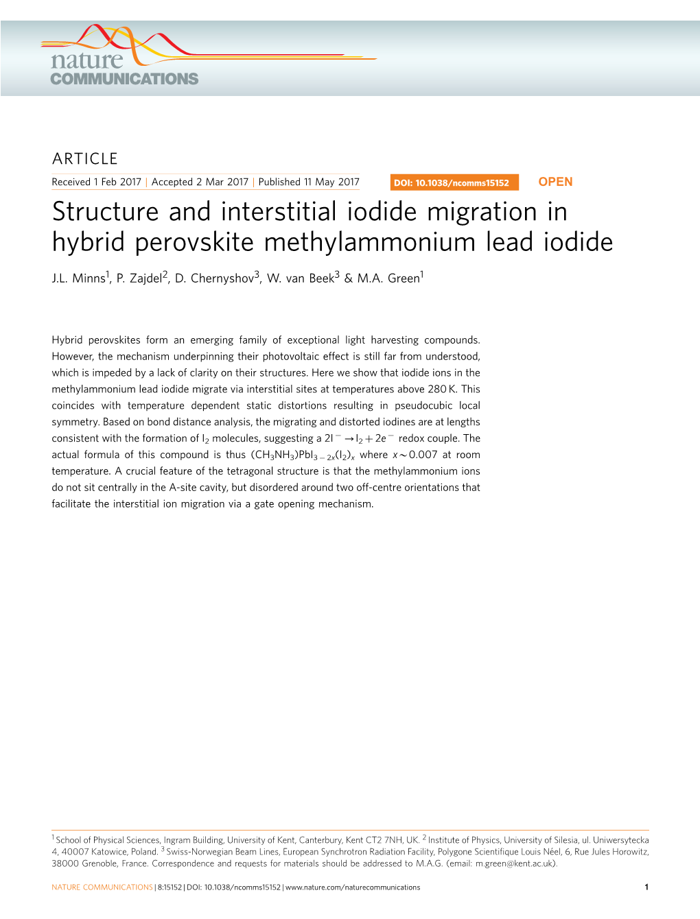 Structure and Interstitial Iodide Migration in Hybrid Perovskite Methylammonium Lead Iodide