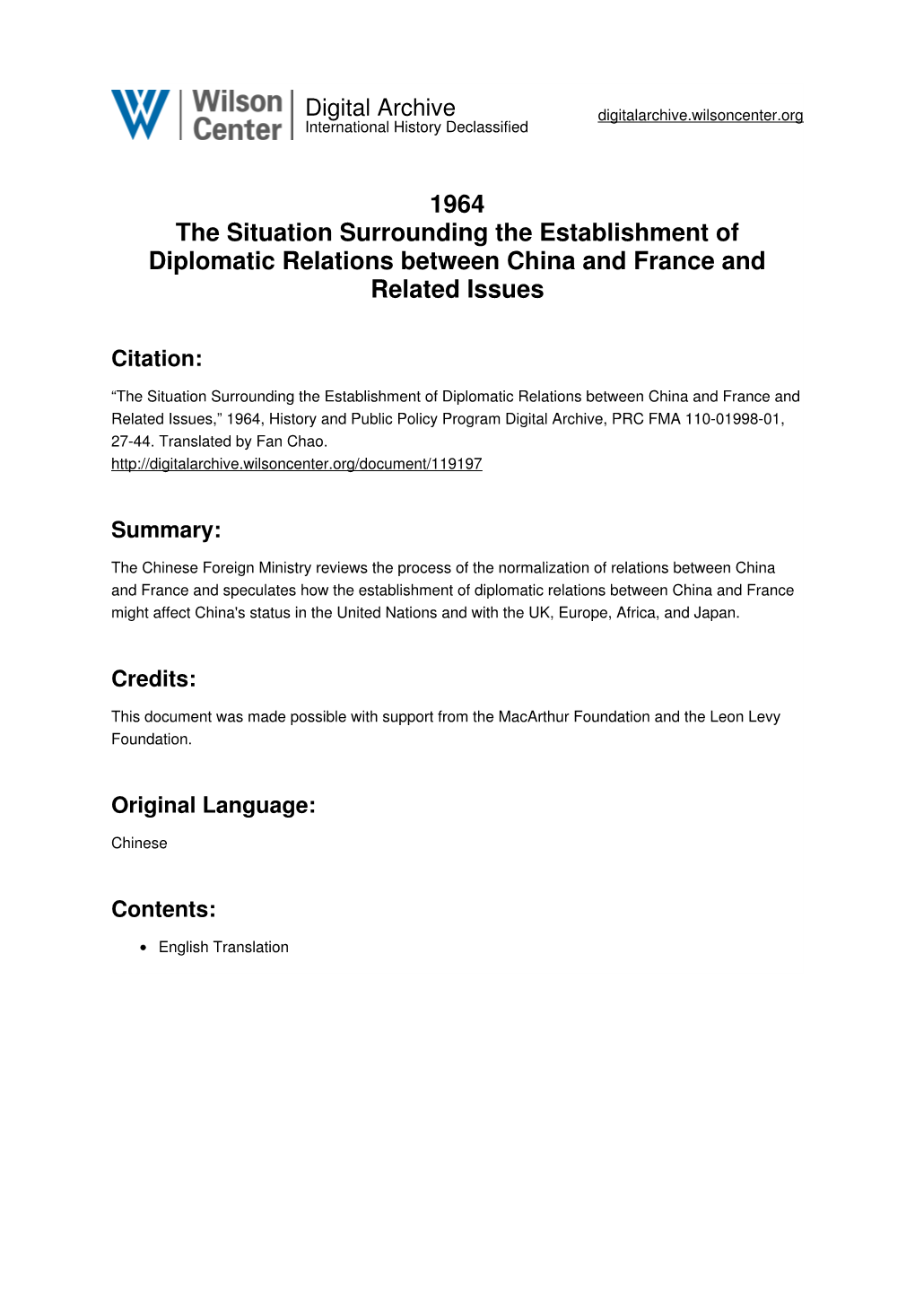 1964 the Situation Surrounding the Establishment of Diplomatic Relations Between China and France and Related Issues