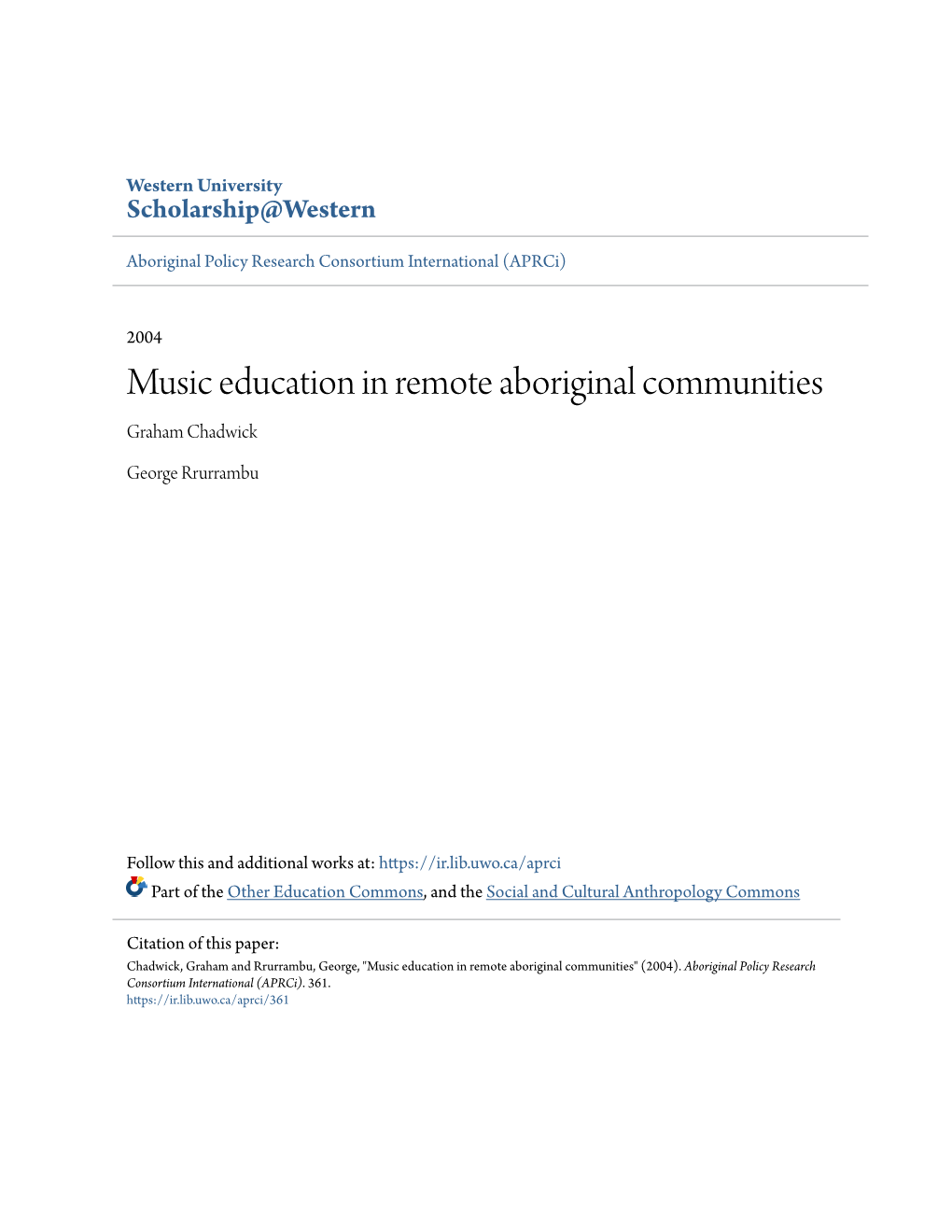 Music Education in Remote Aboriginal Communities Graham Chadwick