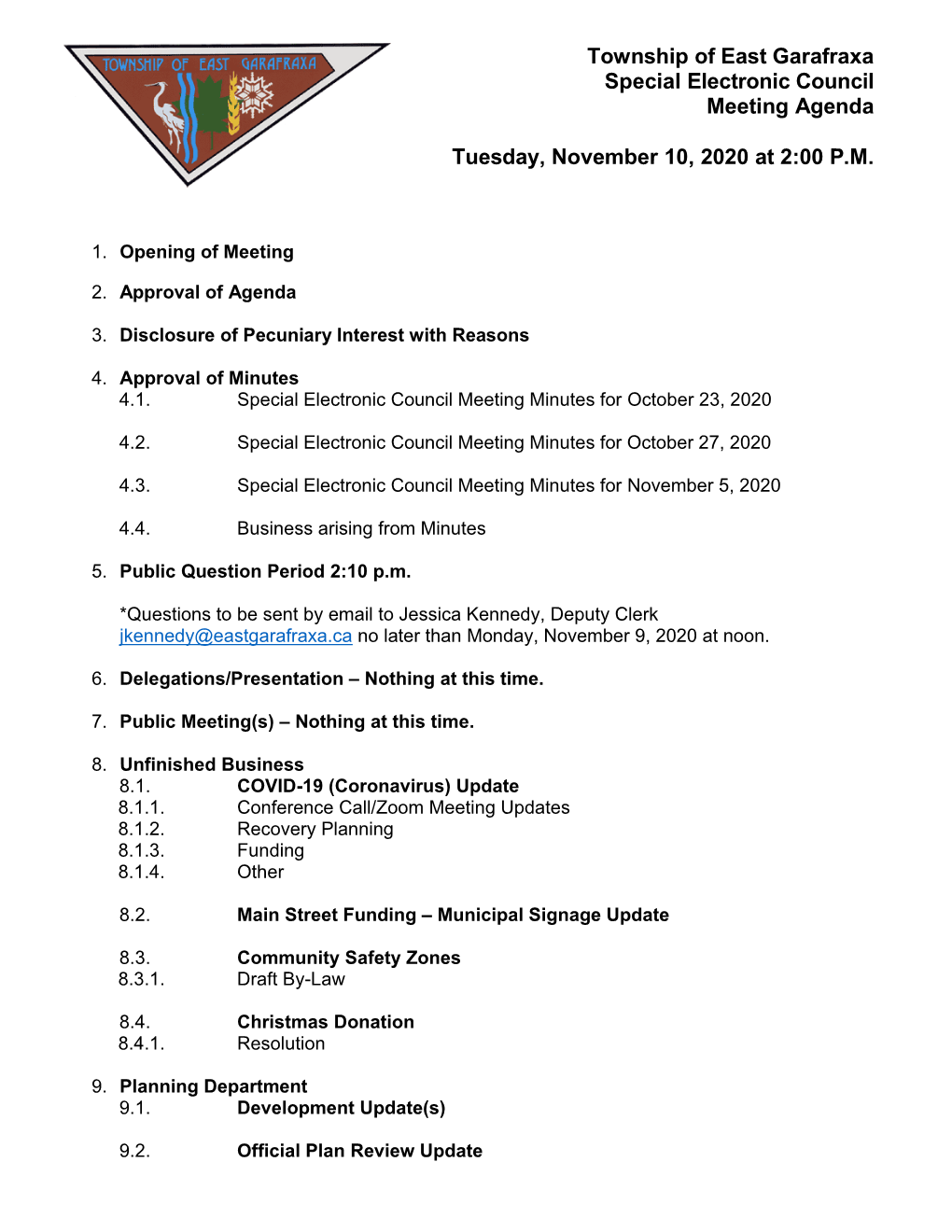 Township of East Garafraxa Special Electronic Council Meeting Agenda