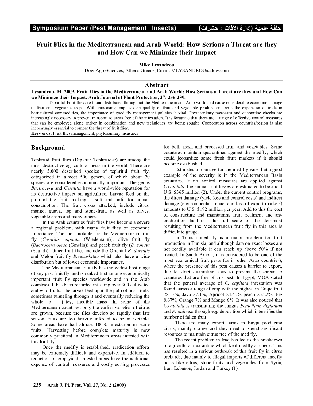 ) : ( Fruit Flies in the Mediterranean and Arab World: How Serious a Threat Are They and How Can We Minimize Their Impact