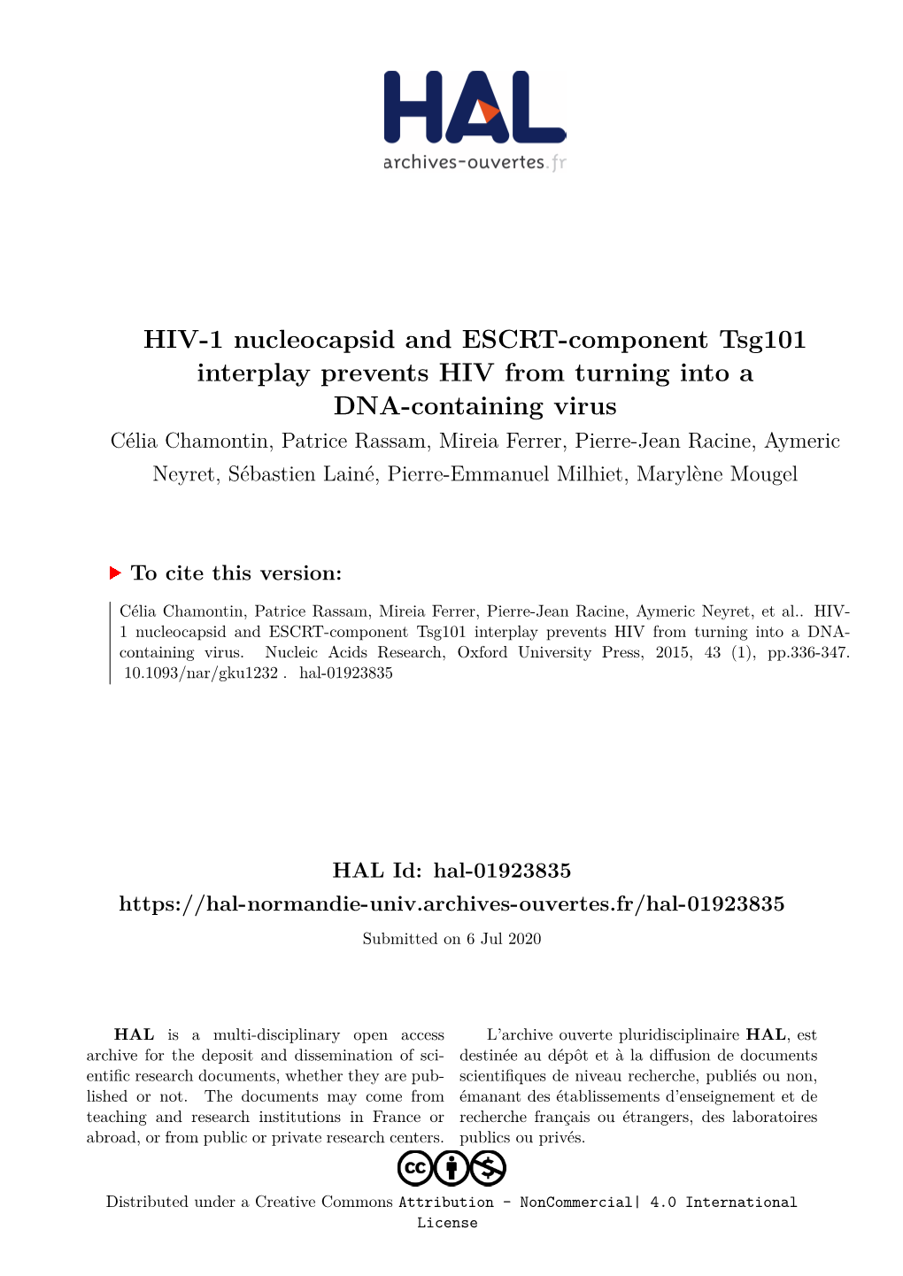 HIV-1 Nucleocapsid and ESCRT-Component Tsg101