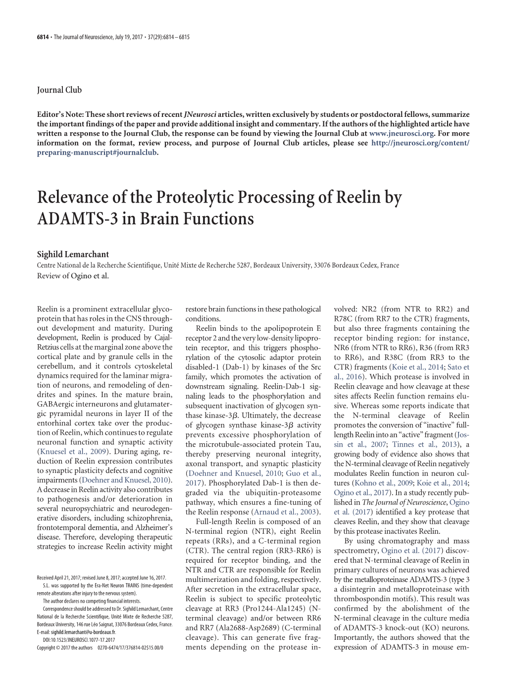 Relevance of the Proteolytic Processing of Reelin by ADAMTS-3 in Brain Functions