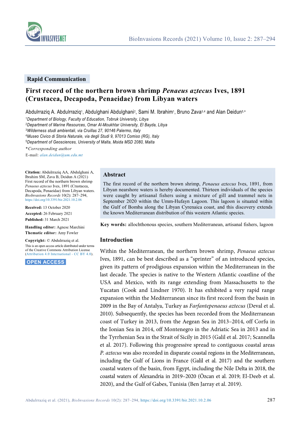 First Record of the Northern Brown Shrimp Penaeus Aztecus Ives, 1891 (Crustacea, Decapoda, Penaeidae) from Libyan Waters