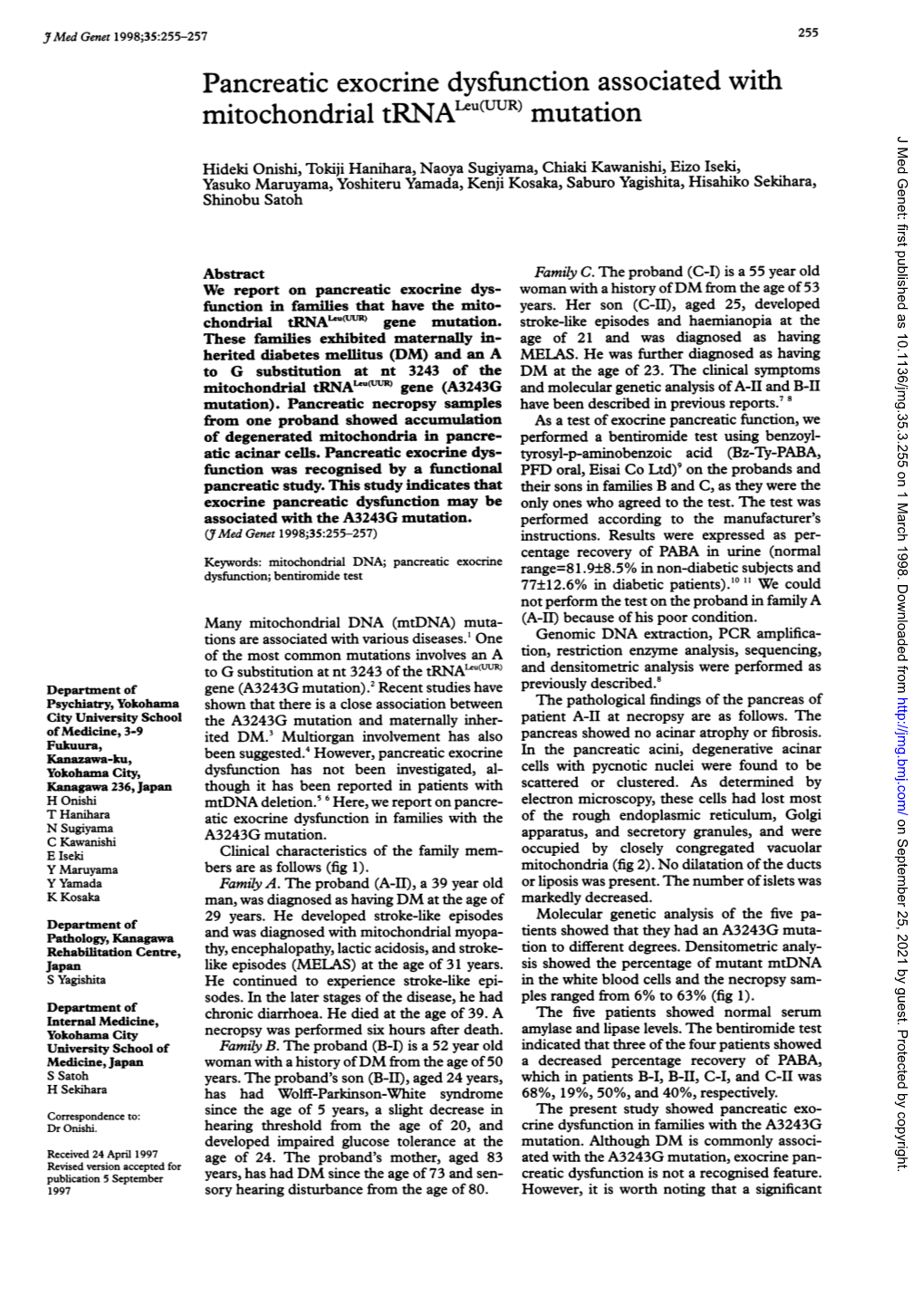 Pancreatic Exocrine Dysfunction Associated with Mitochondrial Trnaieu(UR) Mutation J Med Genet: First Published As 10.1136/Jmg.35.3.255 on 1 March 1998