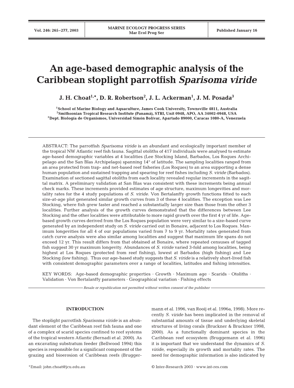 An Age-Based Demographic Analysis of the Caribbean Stoplight Parrotfish Sparisoma Viride