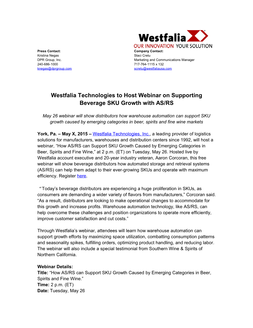 Westfalia Technologies to Host Webinar on Supporting Beverage SKU Growth with AS/RS