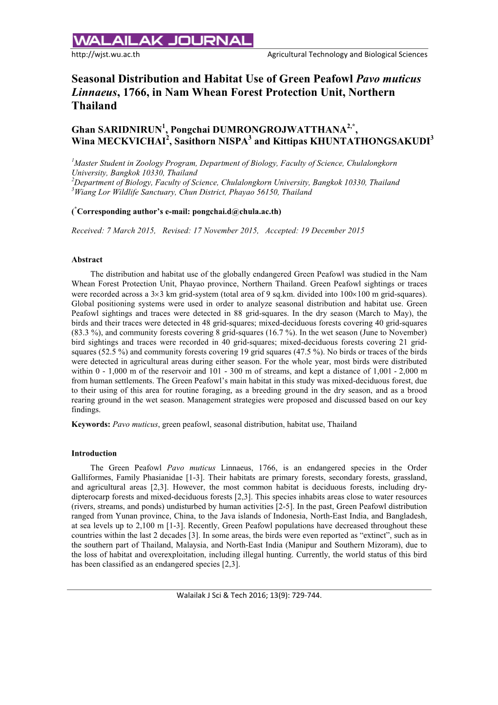 Seasonal Distribution and Habitat Use of Green Peafowl Pavo Muticus Linnaeus, 1766, in Nam Whean Forest Protection Unit, Northern Thailand