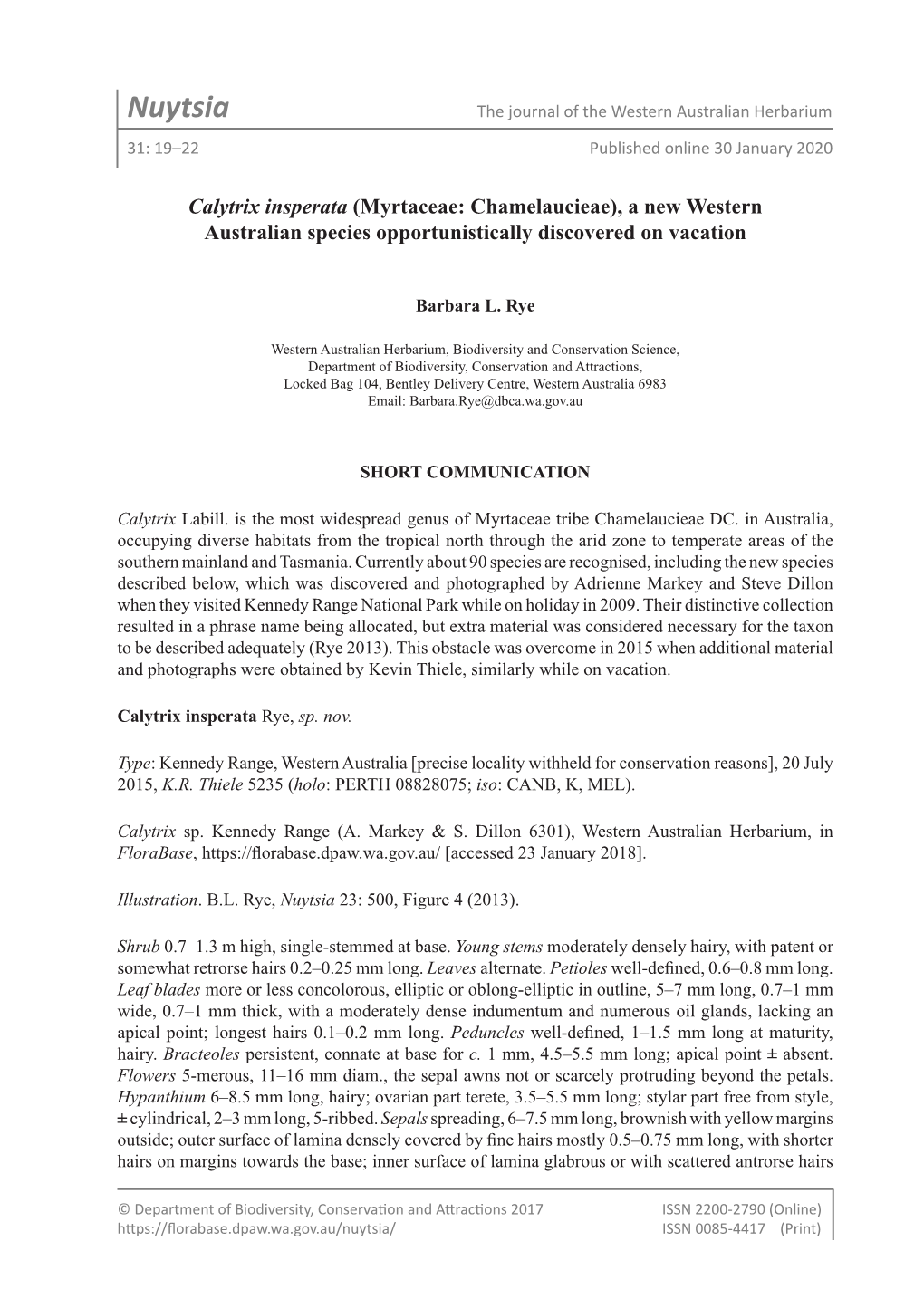 Nuytsia the Journal of the Western Australian Herbarium 31: 19–22 Published Online 30 January 2020