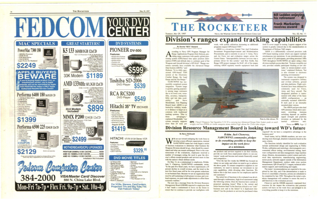 THE ROCKETEER Receives Award 8 THURSDAY, MAY 29, 1997 NAVAL AIR WARFARE CENTER WEAPONS Dtvlsion CHINA Lake Voc 53, No