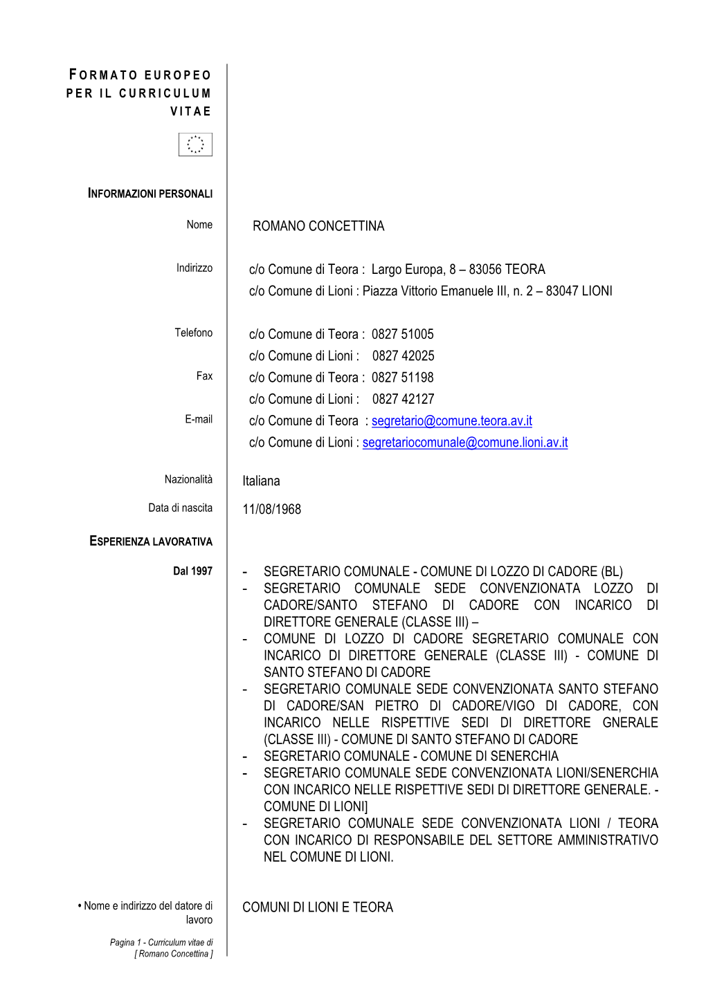 Curriculum Vitae Segretario Comunale Concettina Romano