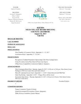 Agenda Niles Village Board Meeting Council Chambers