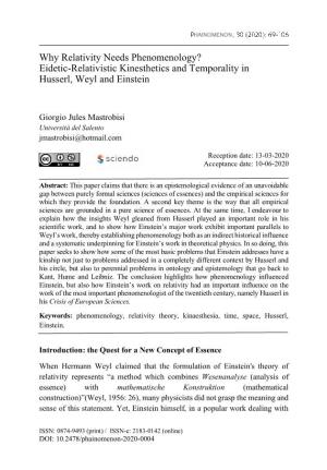 Eidetic-Relativistic Kinesthetics and Temporality in Husserl, Weyl and Einstein