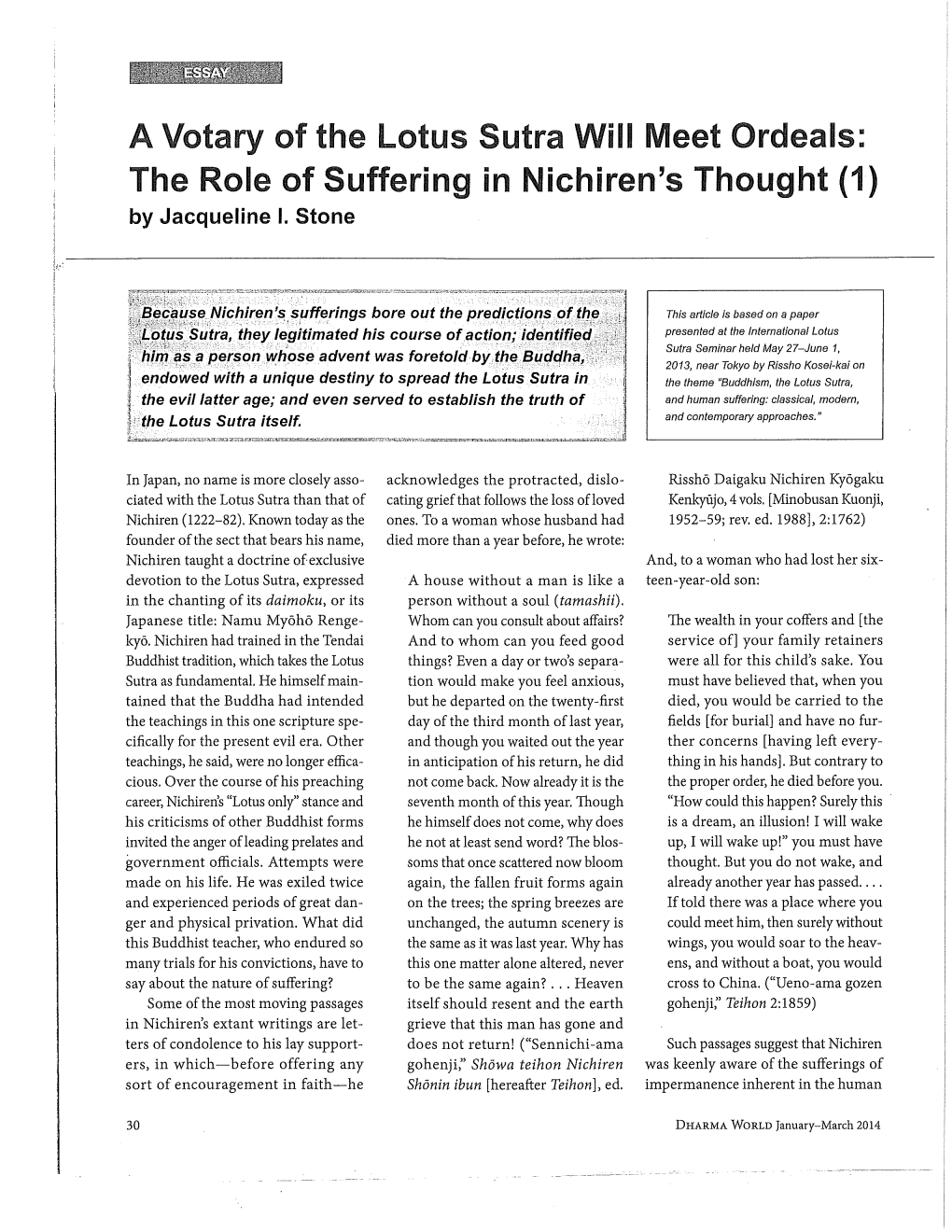 A Votary of the Lotus Sutra Will Meet Ordeals: the Role of Suffering in Nichiren's Thought (1) by Jacqueline I