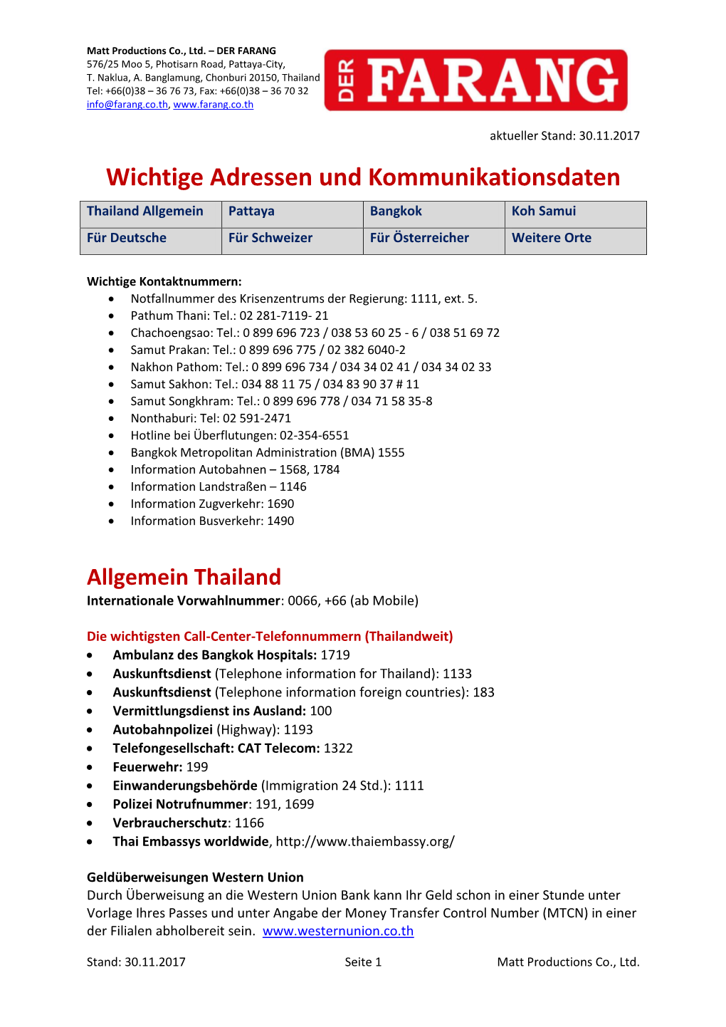 Wichtige Adressen Und Kommunikationsdaten Thailand Allgemein Pattaya Bangkok Koh Samui Für Deutsche Für Schweizer Für Österreicher Weitere Orte