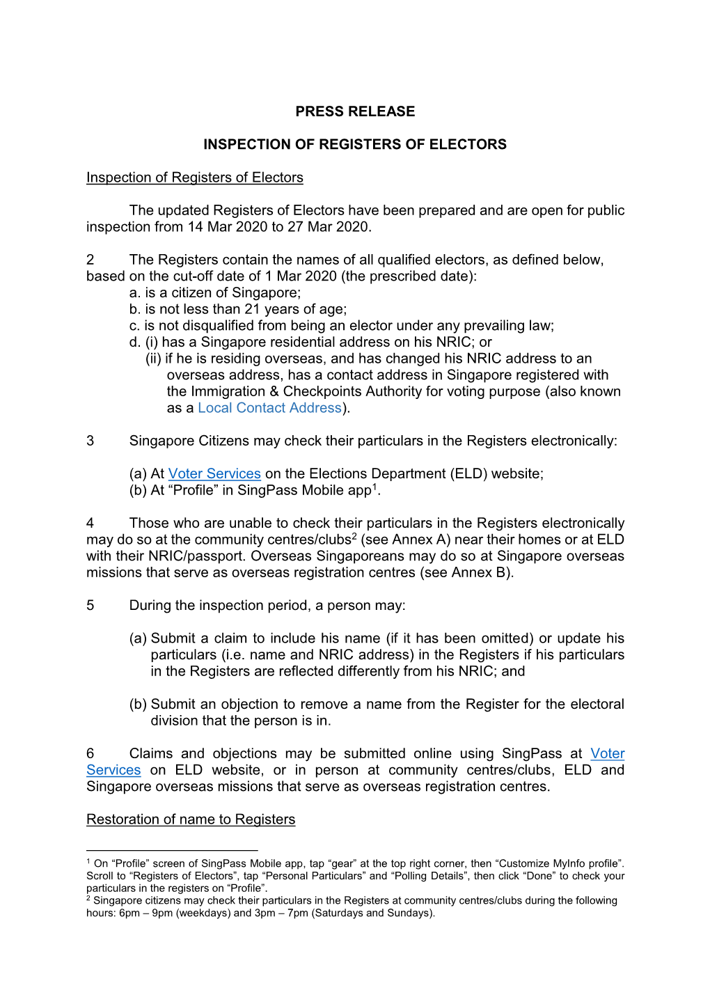 Press Release Inspection of Registers of Electors