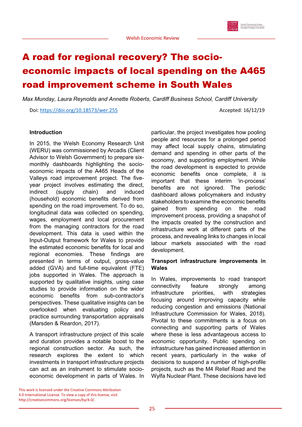 The Socio- Economic Impacts of Local Spending on the A465 Road Improvement Scheme in South Wales