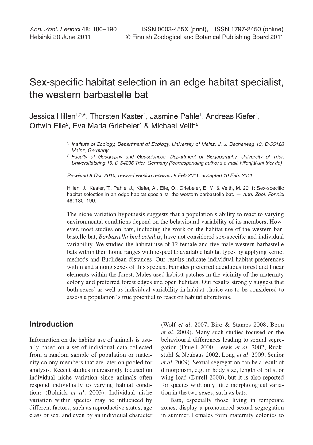 Sex-Specific Habitat Selection in an Edge Habitat Specialist, the Western Barbastelle Bat