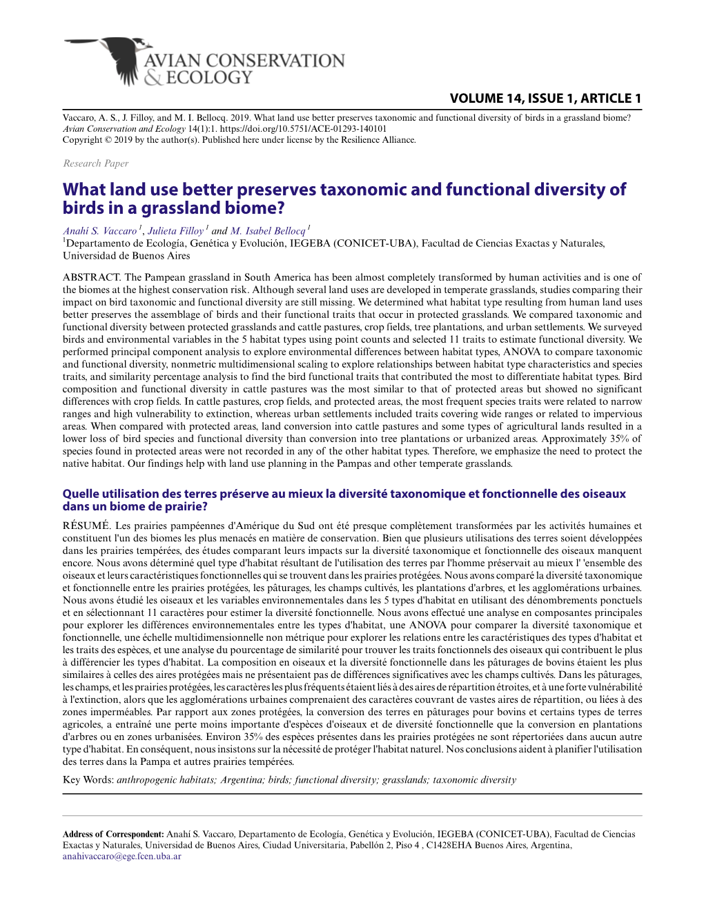 What Land Use Better Preserves Taxonomic and Functional Diversity of Birds in a Grassland Biome? Avian Conservation and Ecology 14(1):1