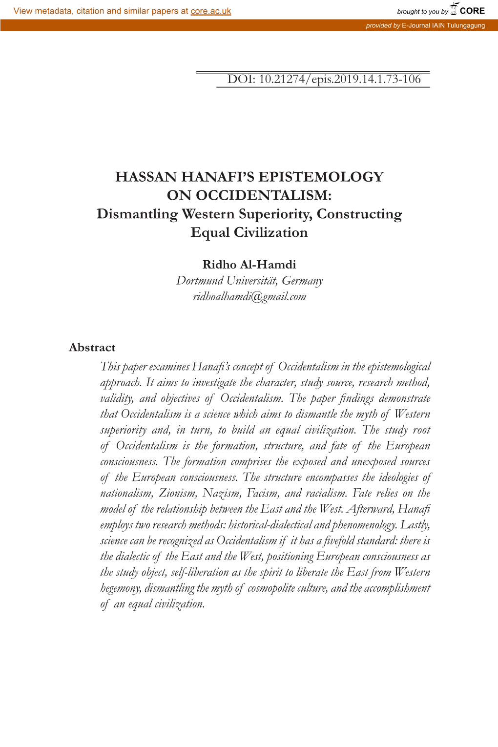 Hassan Hanafi's Epistemology on Occidentalism