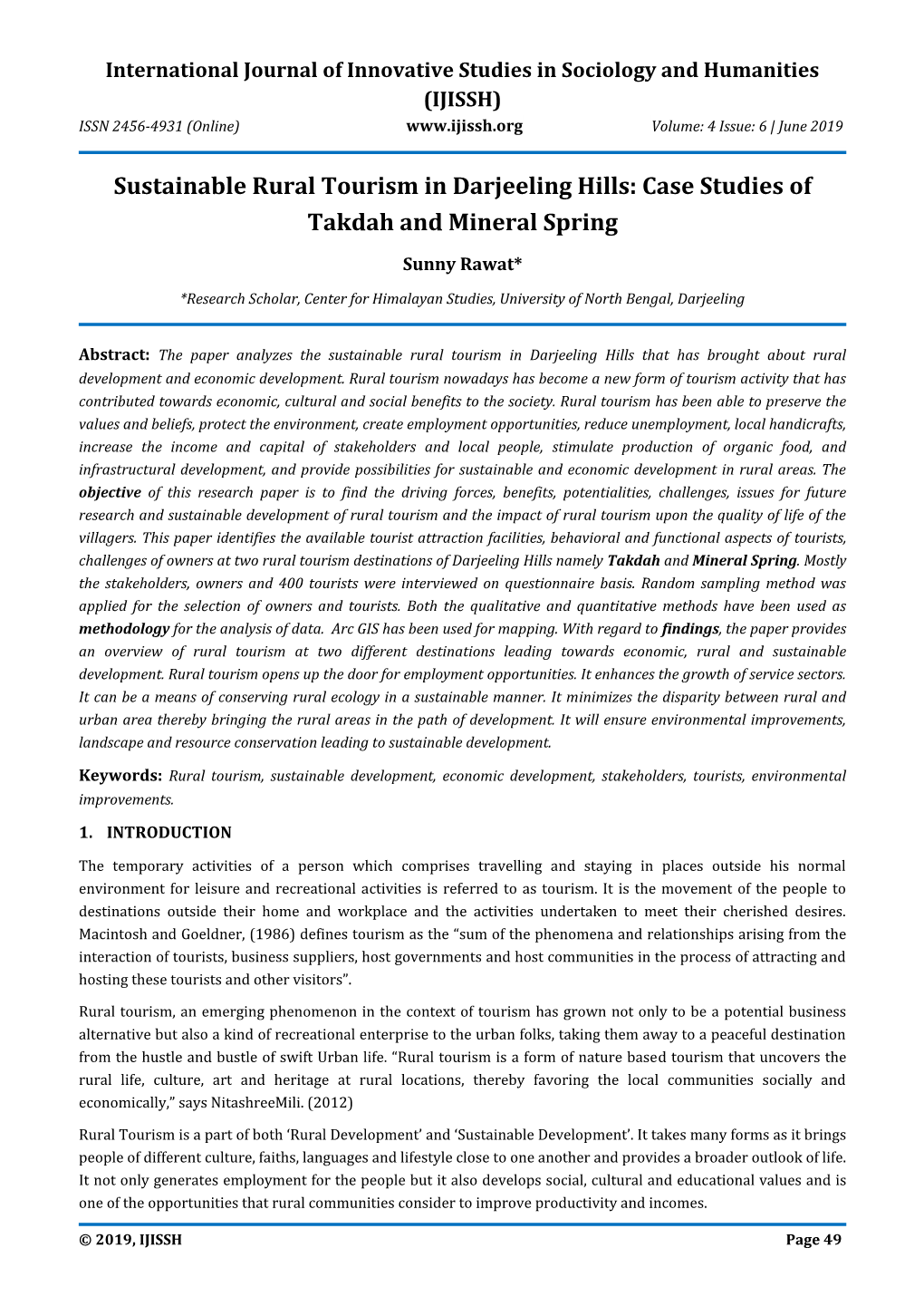 Sustainable Rural Tourism in Darjeeling Hills: Case Studies of Takdah and Mineral Spring