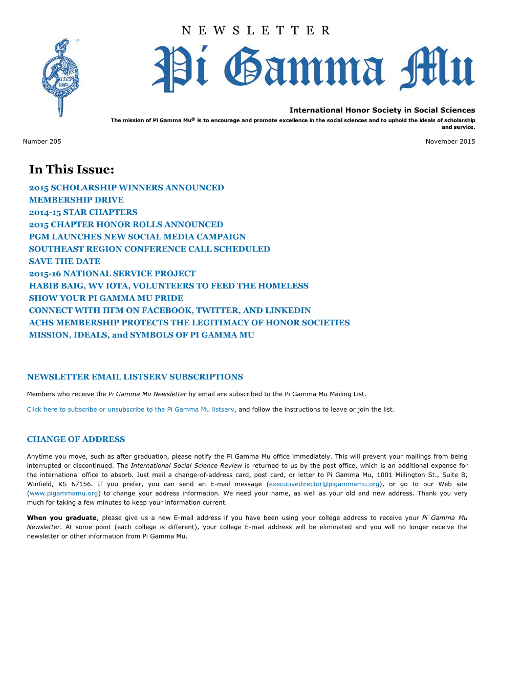 Pi Gamma Mu International Newsletter: November 2015