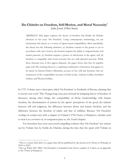 Du Châtelet on Freedom, Self-Motion, and Moral Necessity1 Julia Jorati (Ohio State)