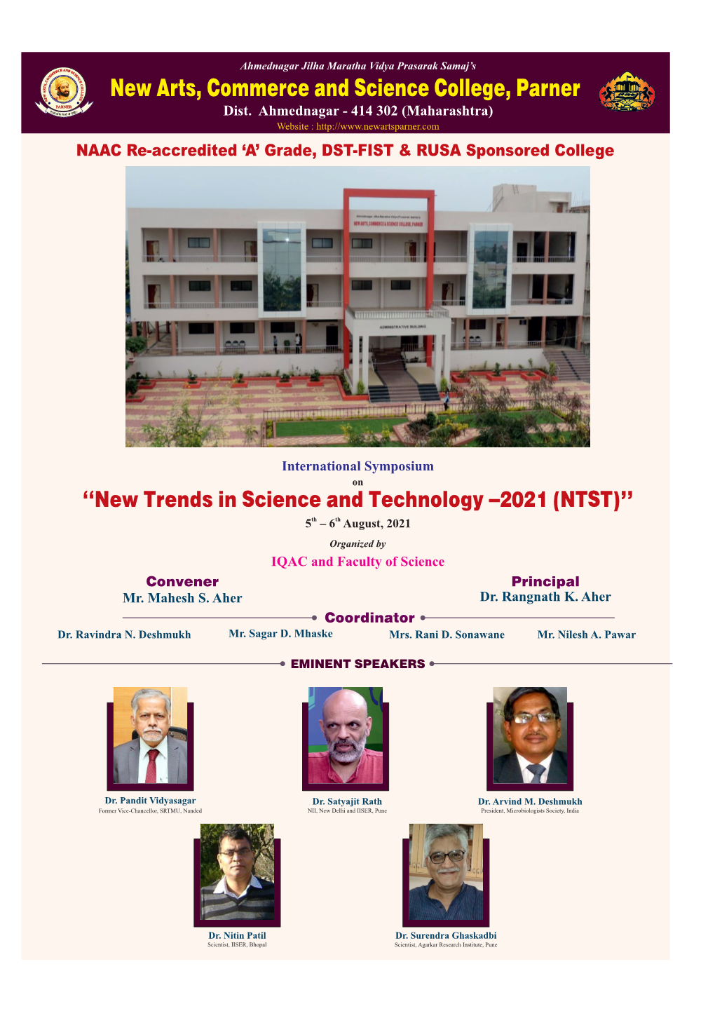 NTST)” 5Th – 6Th August, 2021 Organized by IQAC and Faculty of Science Convener Principal Mr