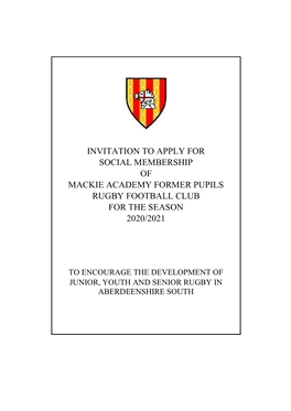 Invitation to Apply for Social Membership of Mackie Academy Former Pupils Rugby Football Club for the Season 2020/2021