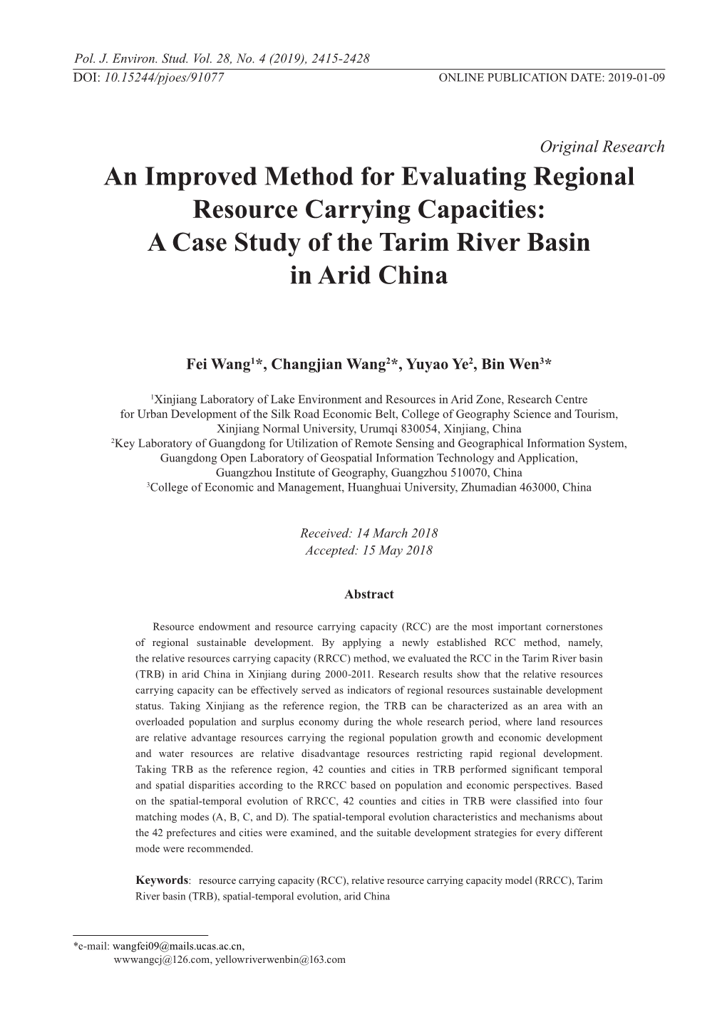 An Improved Method for Evaluating Regional Resource Carrying Capacities: a Case Study of the Tarim River Basin in Arid China
