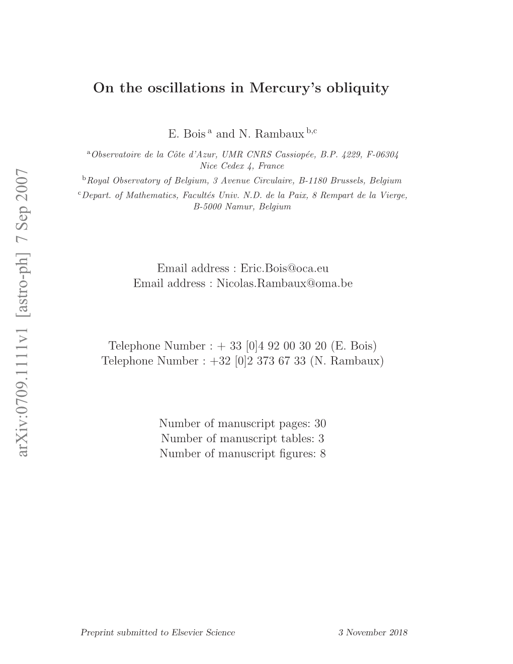 On the Oscillations in Mercury's Obliquity