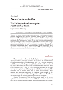 From Lenin to Badiou the Philippine Revolution Against Neoliberal Capitalism Regletto Aldrich D