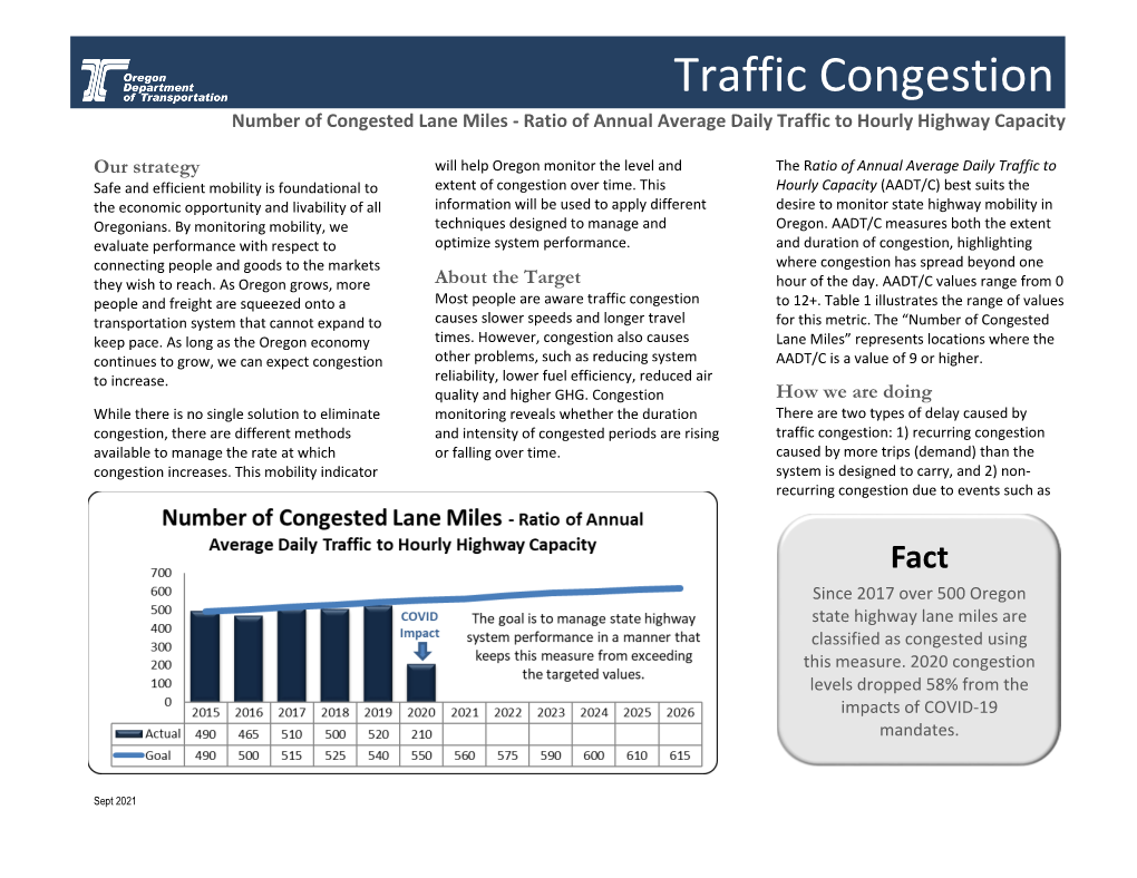 Traffic Congestion Number of Congested Lane Miles - Ratio of Annual Average Daily Traffic to Hourly Highway Capacity