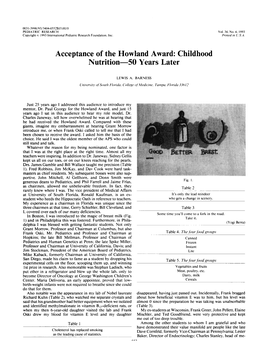 Acceptance of the Howland Award: Childhood Nutrition50 Years Later