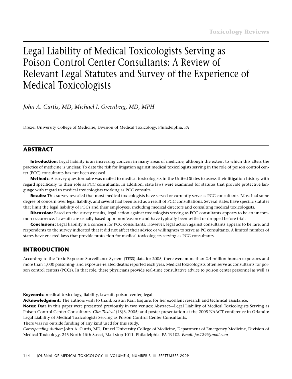 Legal Liability of Medical Toxicologists Serving As Poison Control Center Consultants: a Review of Relevant Legal Statutes and S