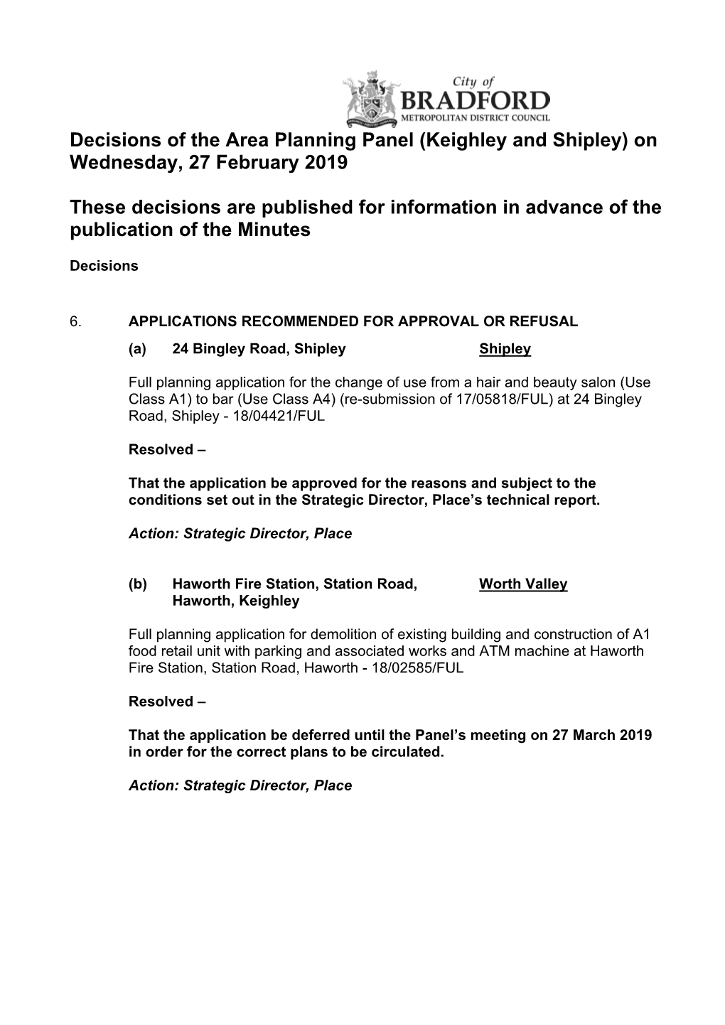 Decisions of the Area Planning Panel (Keighley and Shipley) on Wednesday, 27 February 2019