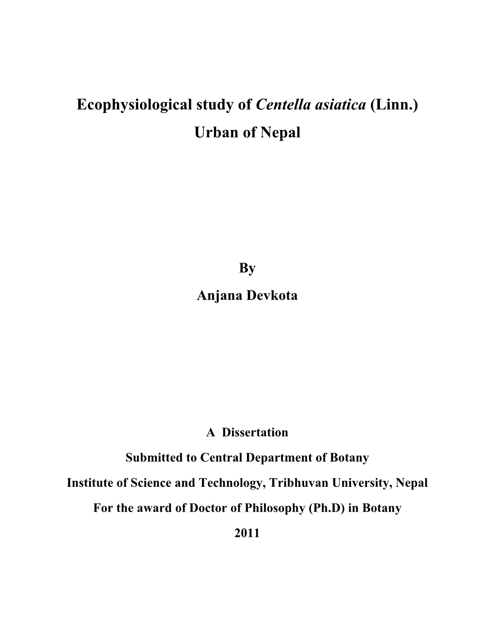 Ecophysiological Study of Centella Asiatica (Linn.) Urban of Nepal