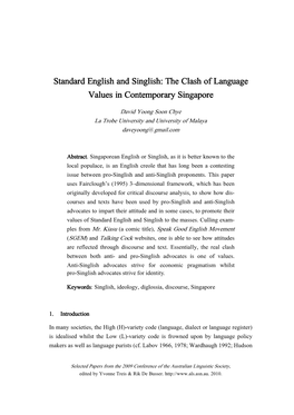 Standard English and Singlish: the Clash of Language Values in Contemporary Singapore