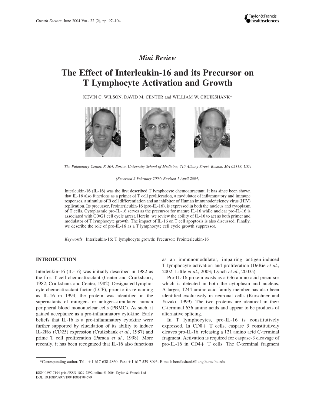 The Effect of Interleukin-16 and Its Precursor on T Lymphocyte Activation and Growth