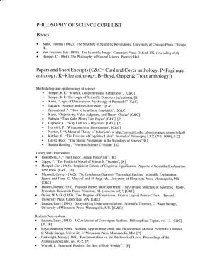 PHILOSOPHY of SCIENCE CORE LIST Anthology